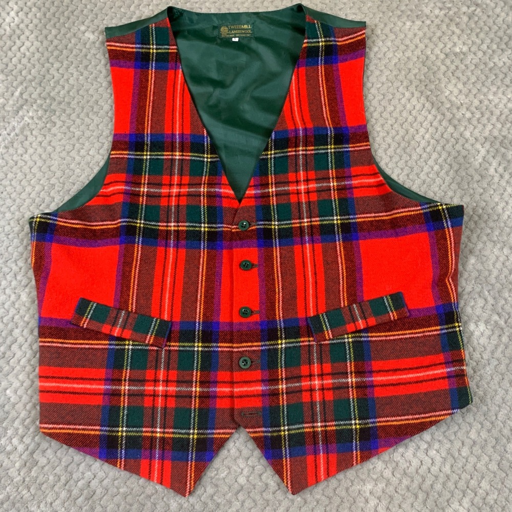 Vintage Tweedmill Vest Mens L Red Royal Stewart Tartan Lambswool British Made